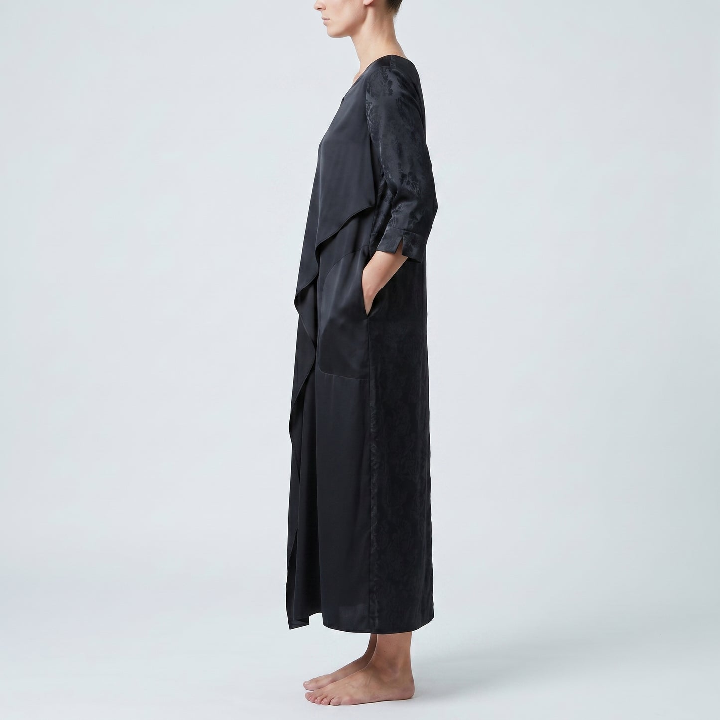 Asymmetric Paneled Black Midi Dress