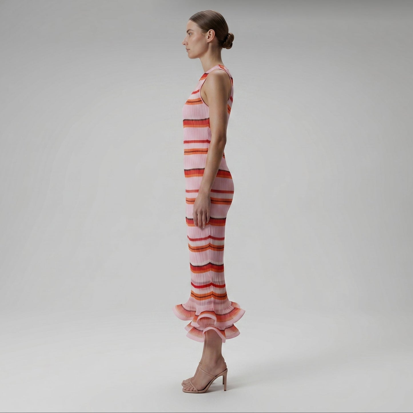 Striped Pleated Ruffle Hem Dress