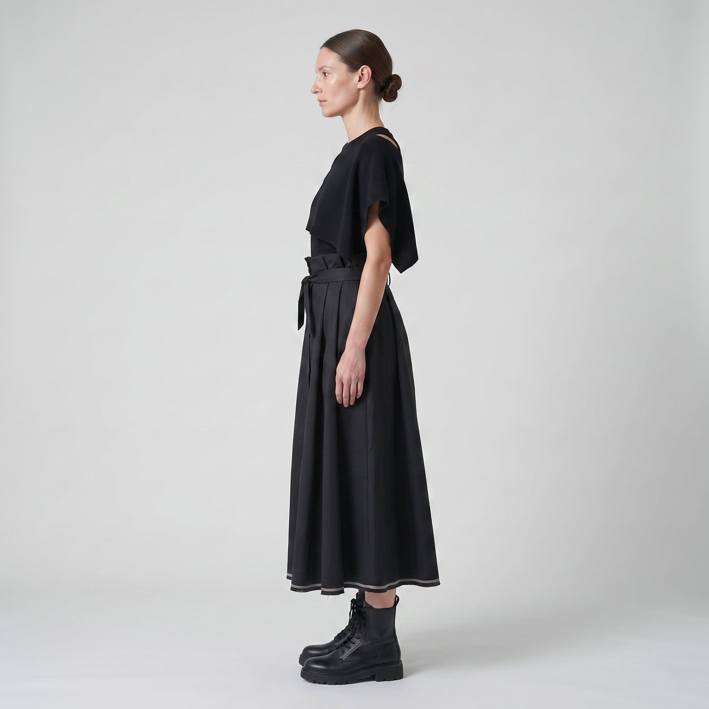 Black Paperbag Waist Midi Skirt