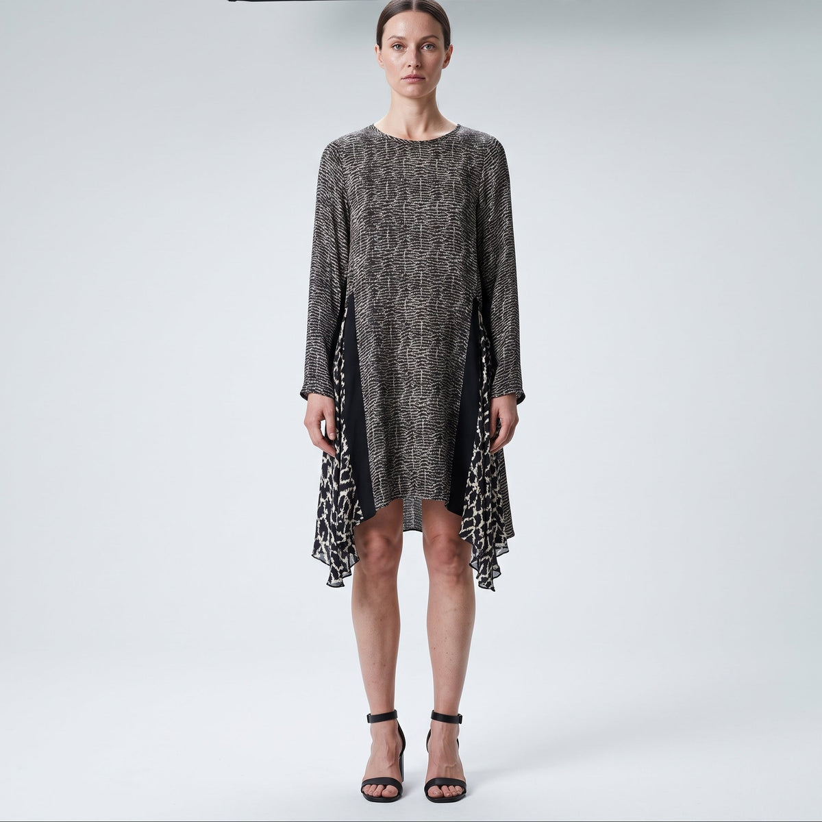 Abstract Print Paneled Silk Dress