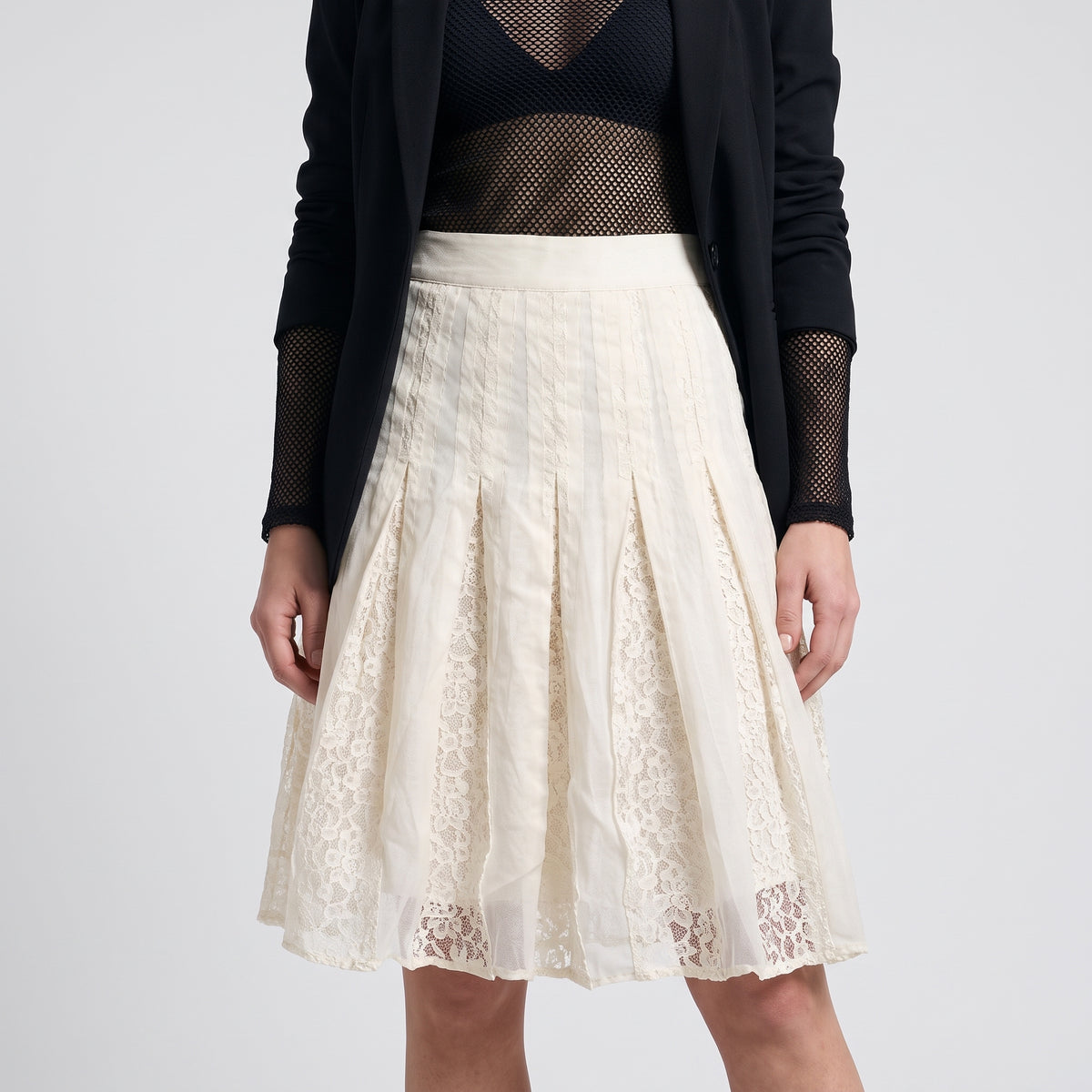 Pleated Lace Insert A-Line Skirt