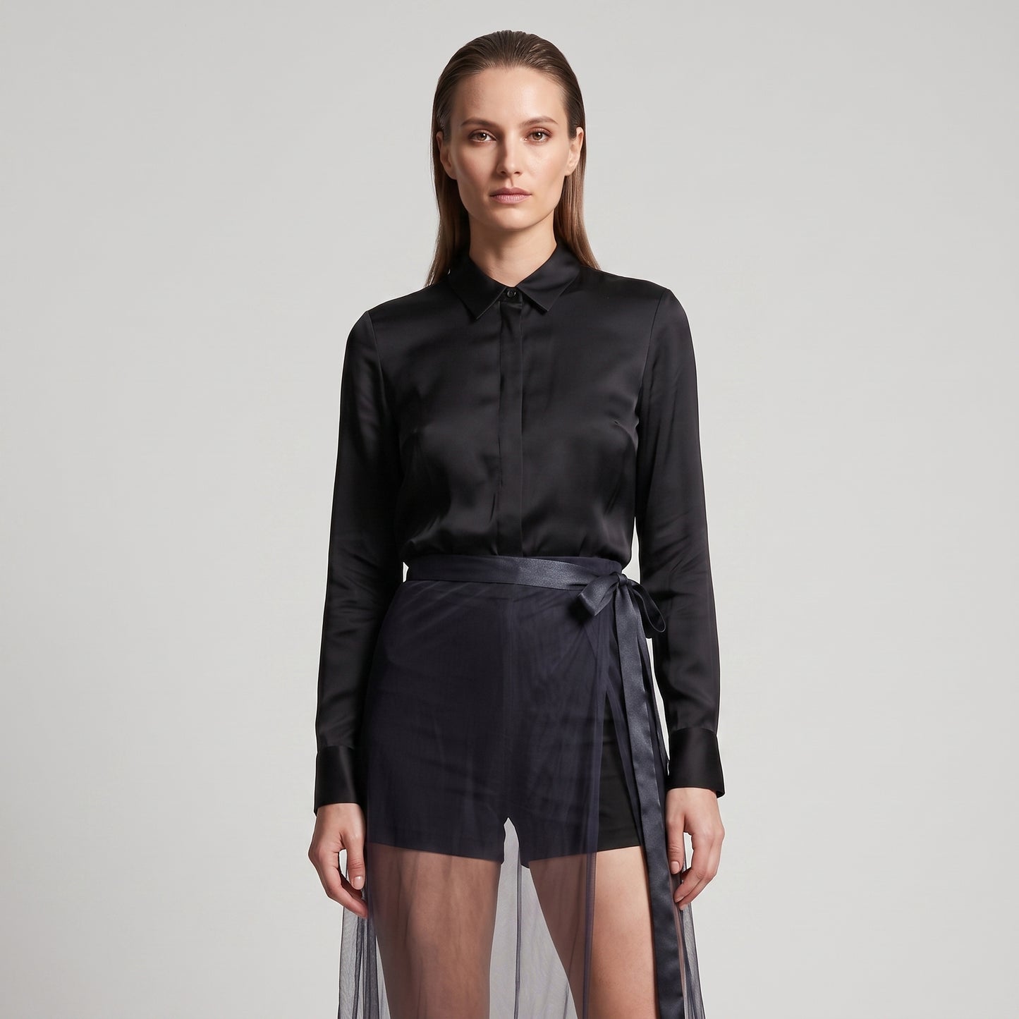 Embroidered Navy Tulle Midi Skirt