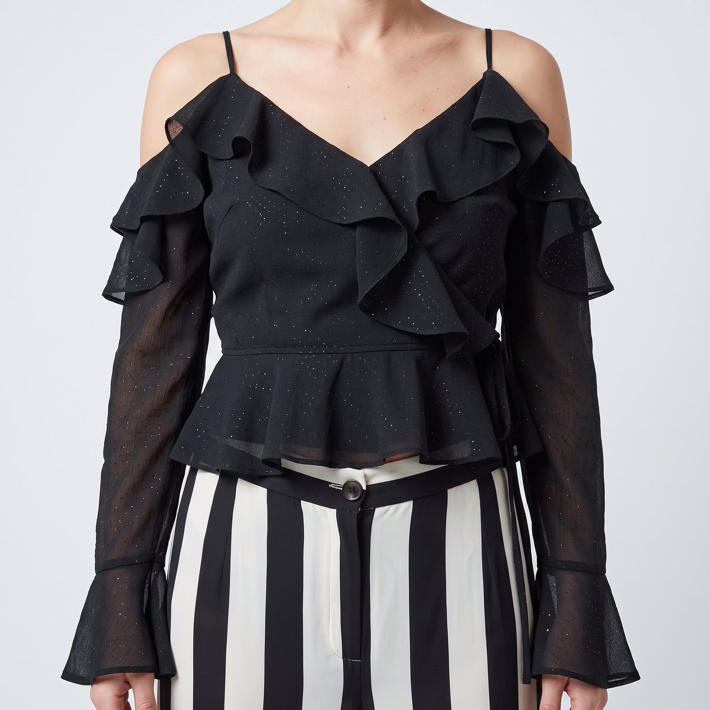 Shimmering Cold-Shoulder Ruffle Top