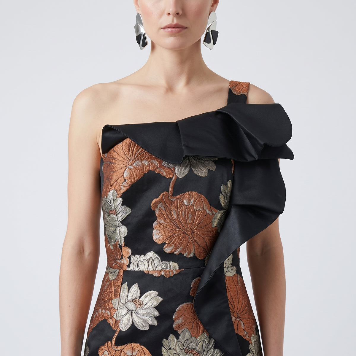 Floral Jacquard One-Shoulder Dress