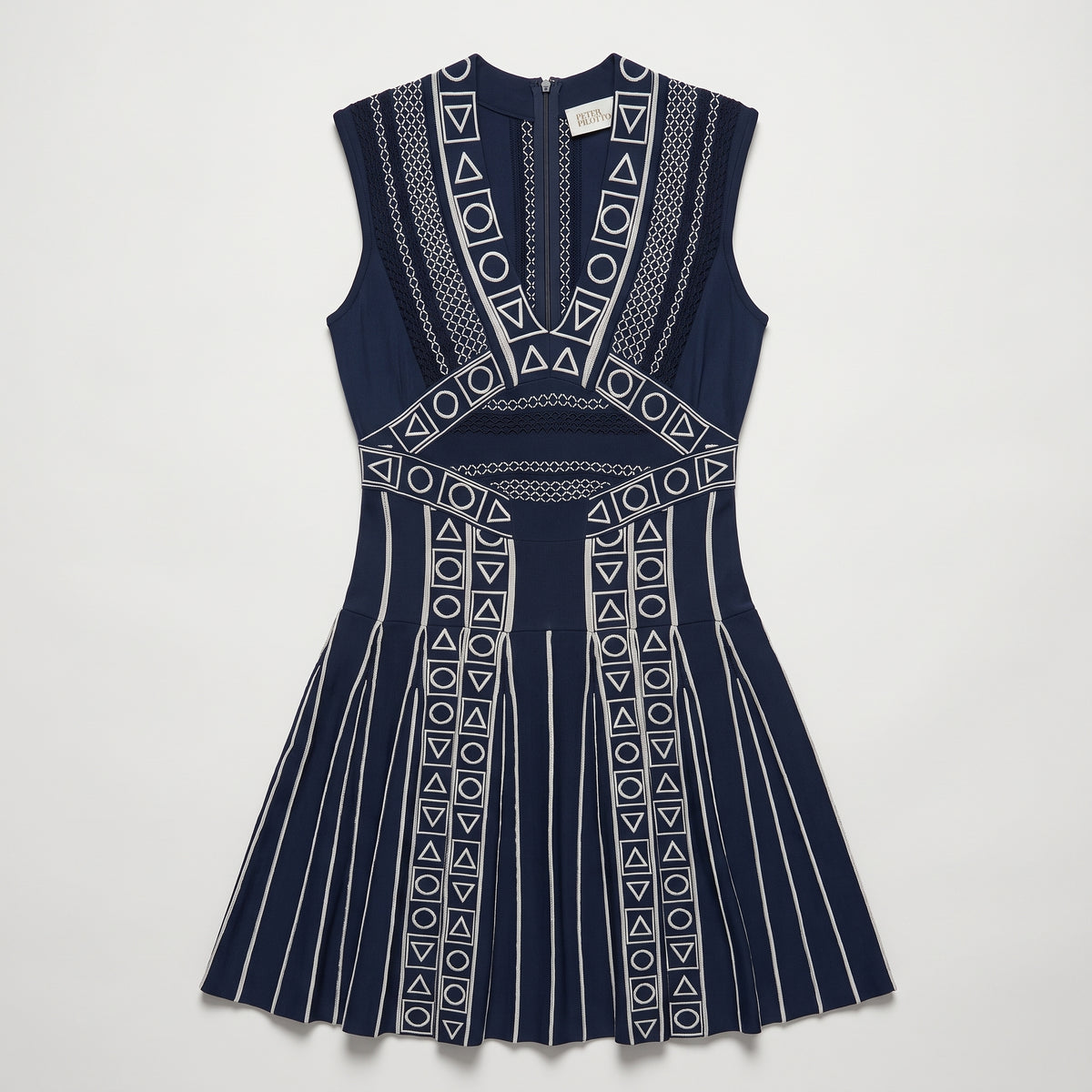 Geometric Embroidered Navy Knit Dress