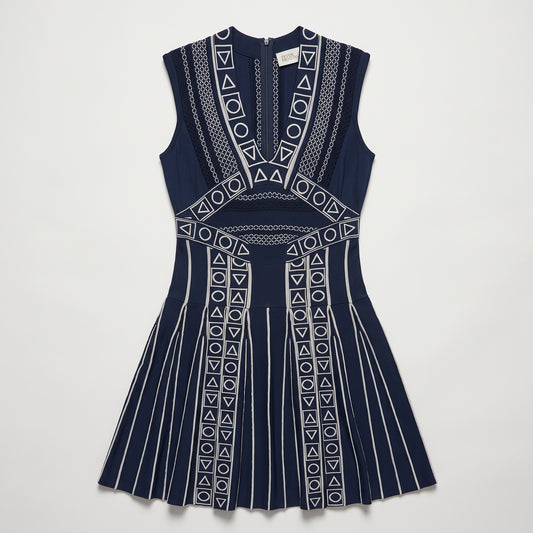 Geometric Embroidered Navy Knit Dress