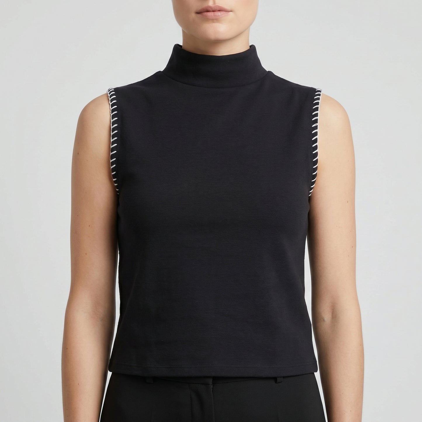 Whipstitch Mock Neck Sleeveless Top