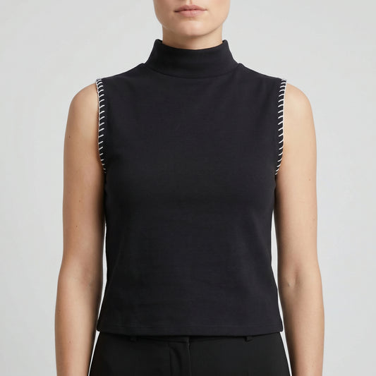 Whipstitch Mock Neck Sleeveless Top
