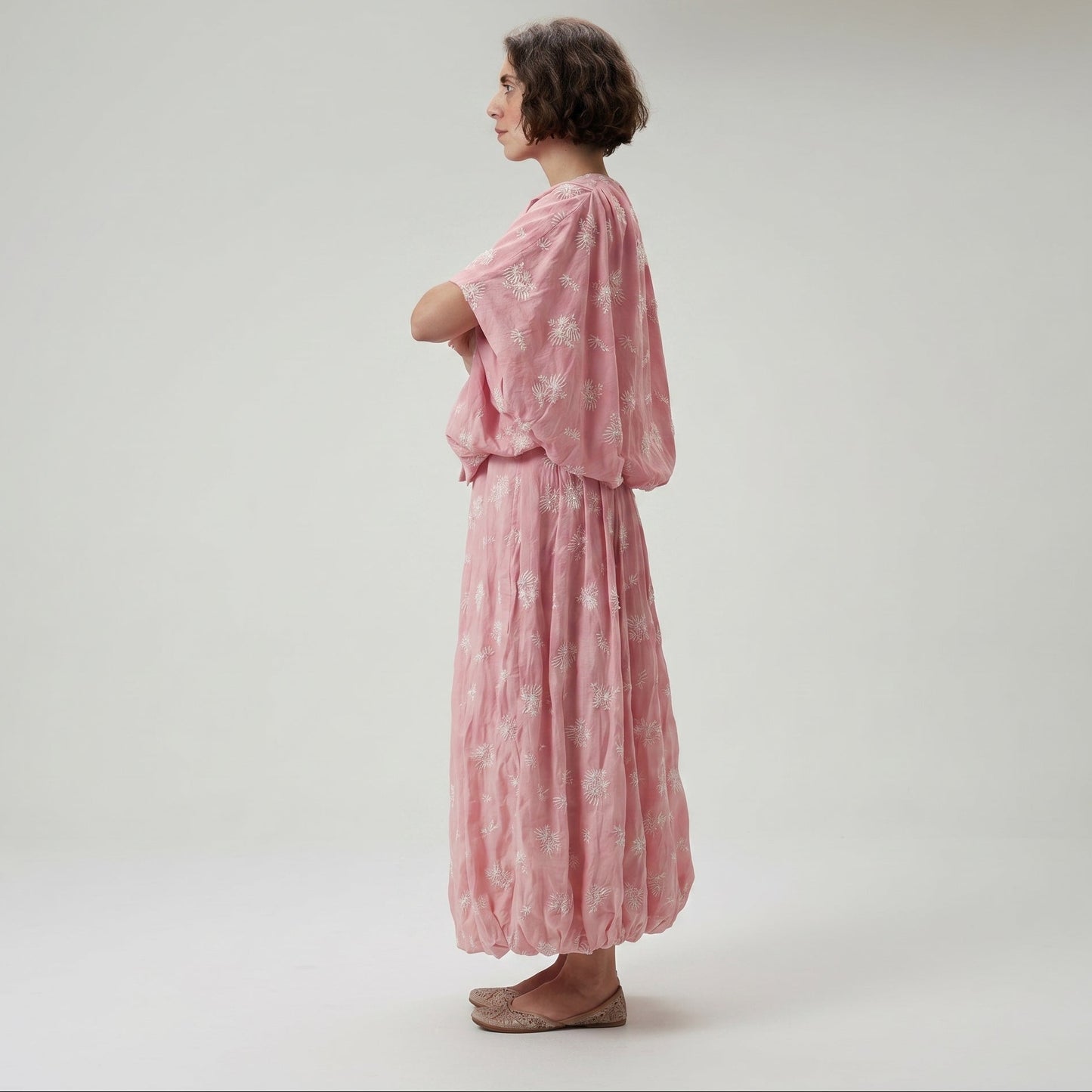 Embroidered Pink Bubble Hem Top