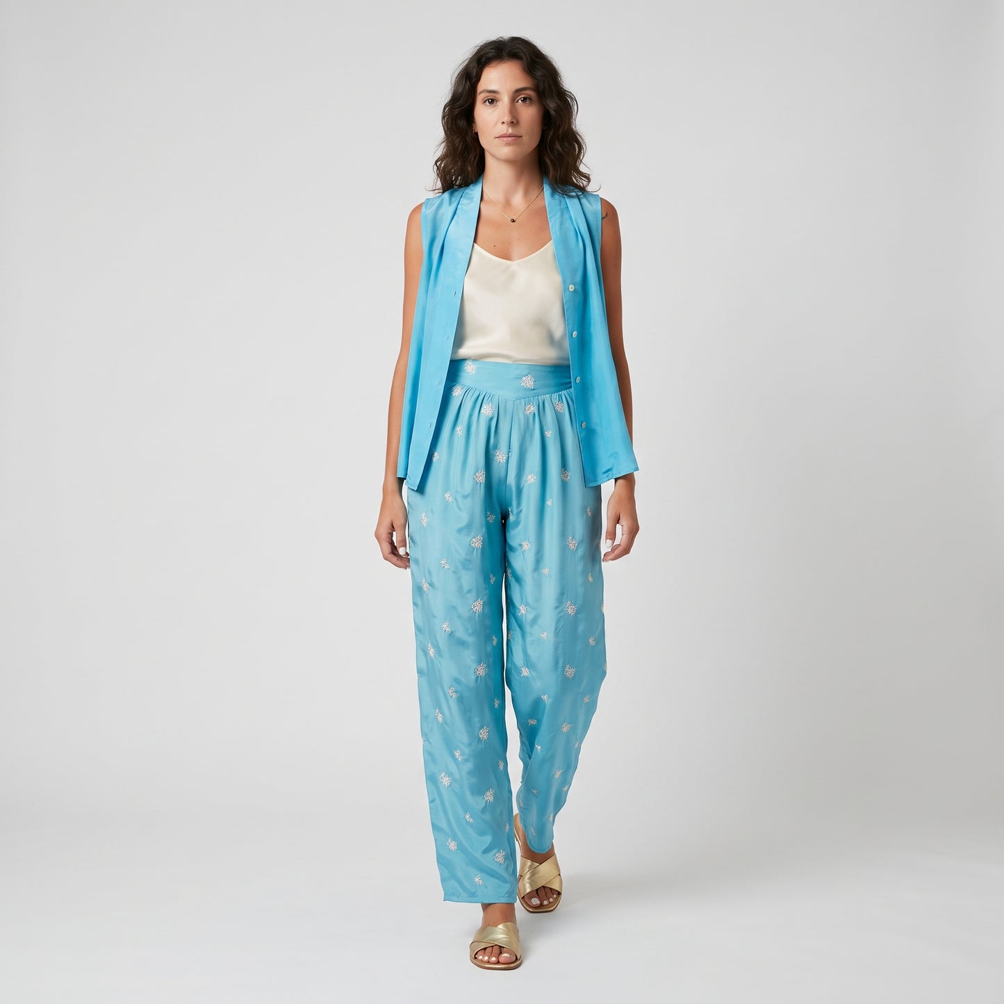 Embroidered Silk Wide-Leg Trousers