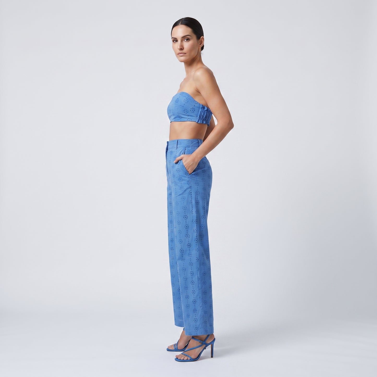 Blue Eyelet Strapless Crop Top