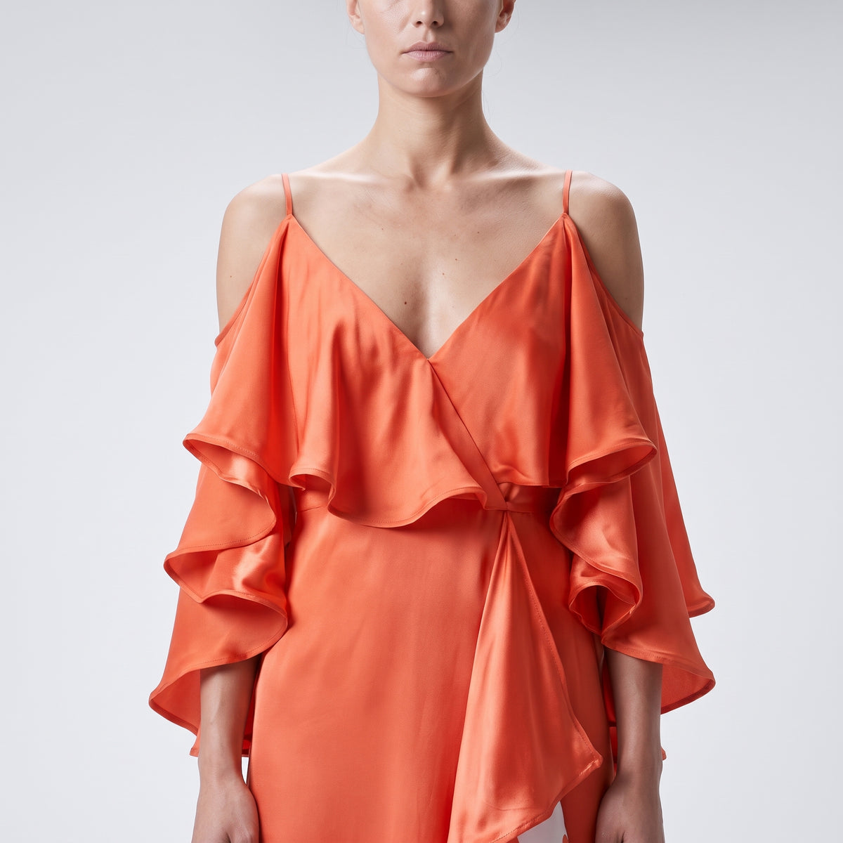 Ruffled Cold Shoulder Silk Dress