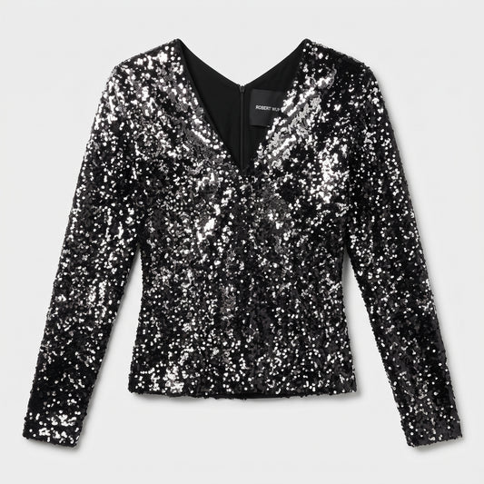 Sequin V-Neck Long Sleeve Top