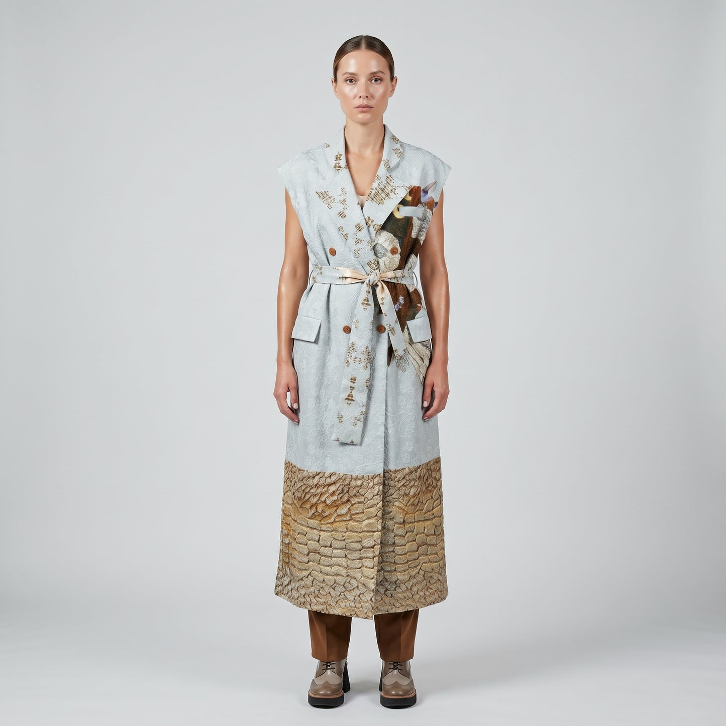Printed Jacquard Belted Long Vest