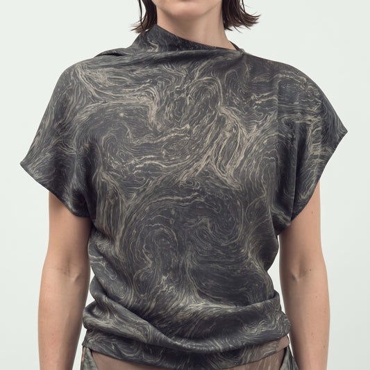 Draped Marble Print Asymmetric Top