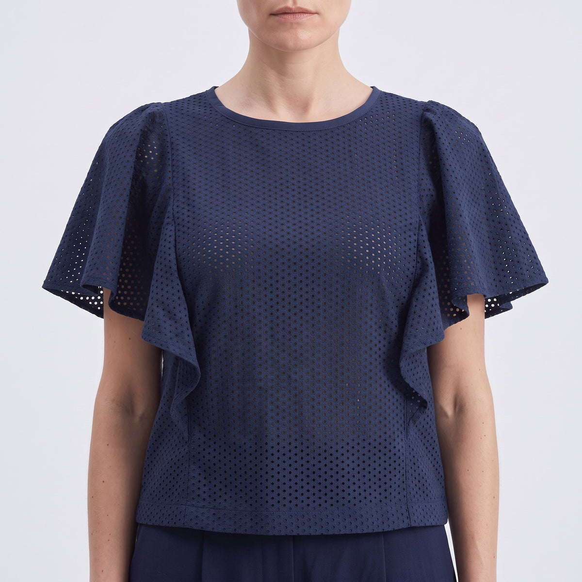 Navy Eyelet Ruffle Sleeve Top