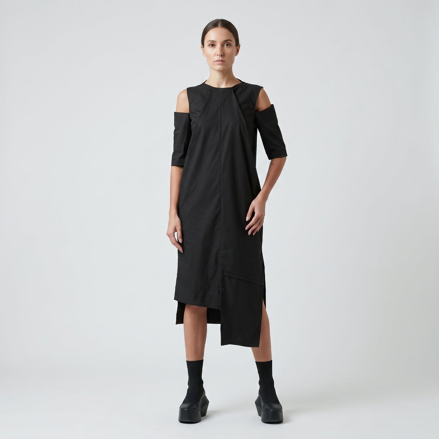 Asymmetric Cold Shoulder Midi Dress