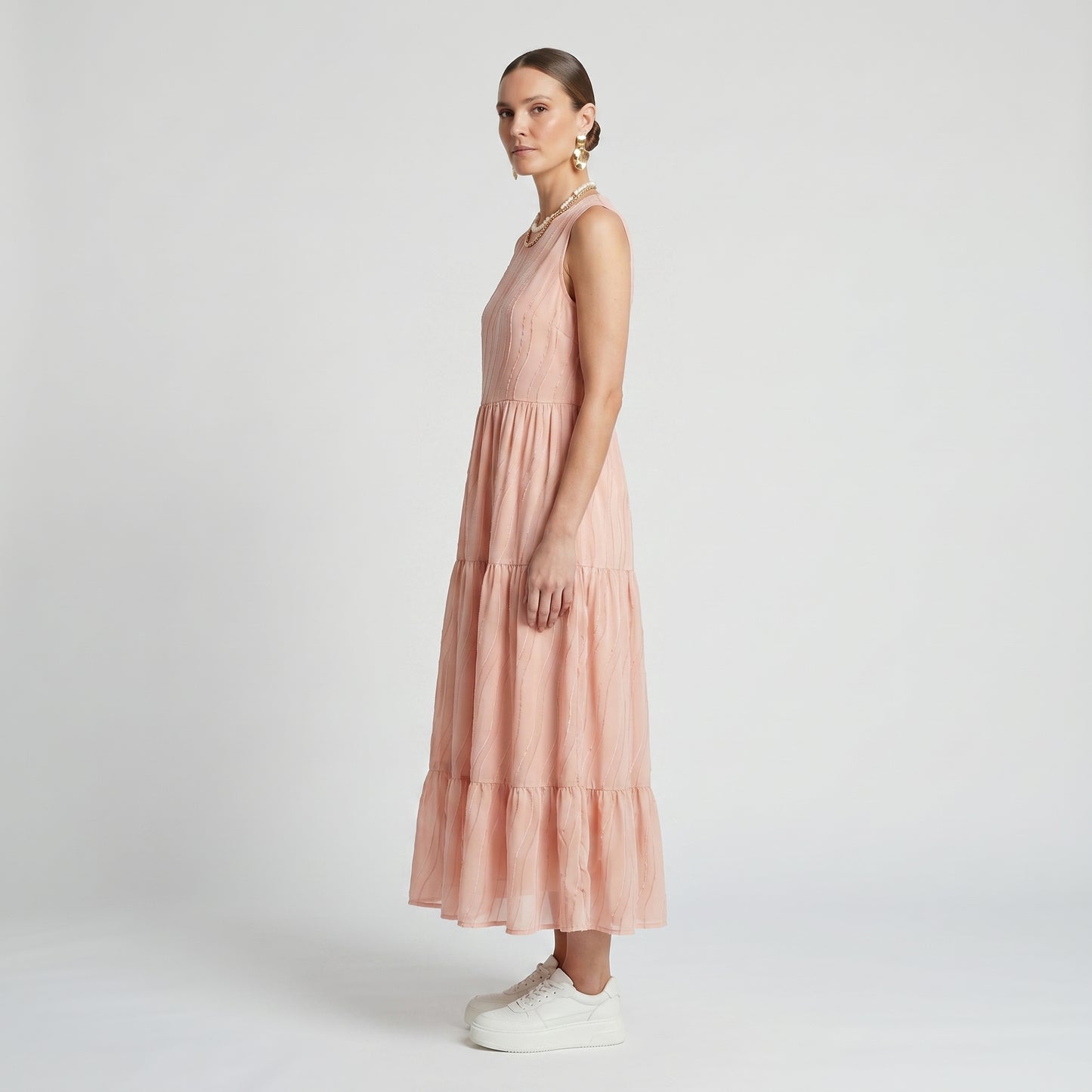 Tiered Textured Pink Midi Dress