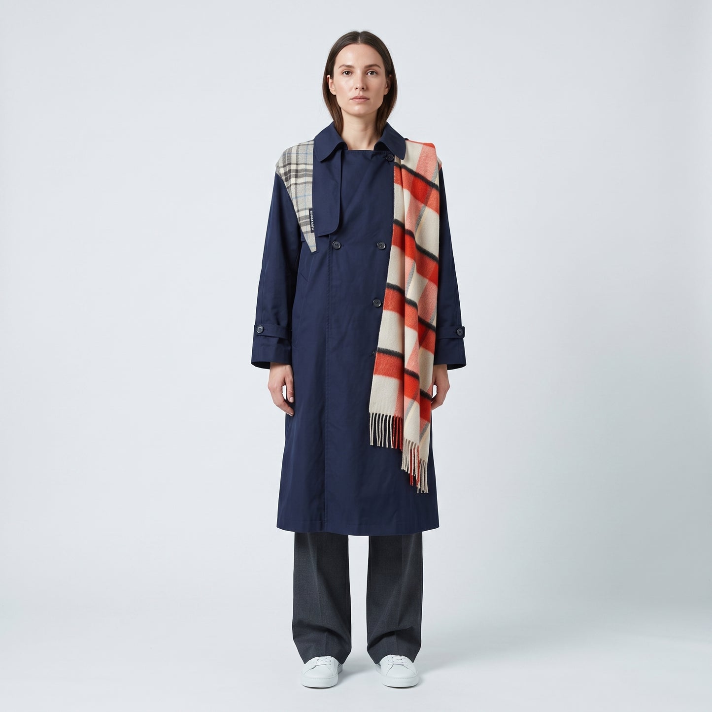 Plaid Accent Double-Breasted Coat