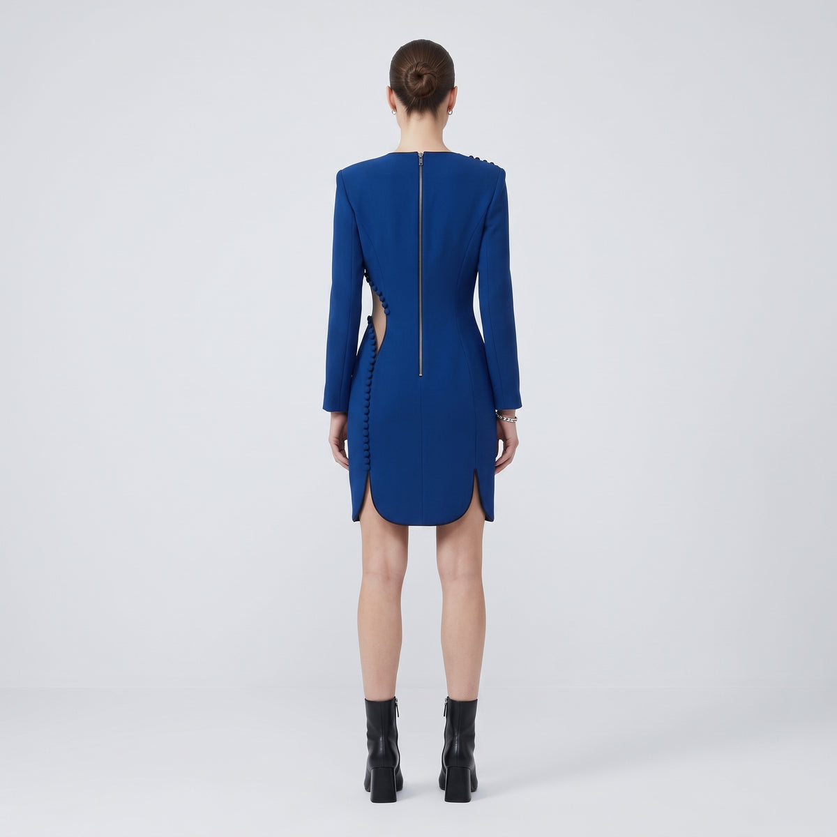 Architectural Cutout Buttoned Mini Dress