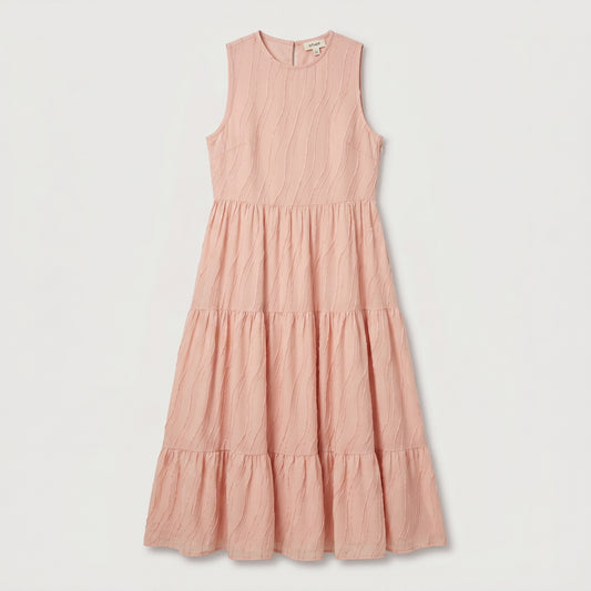 Tiered Textured Pink Midi Dress