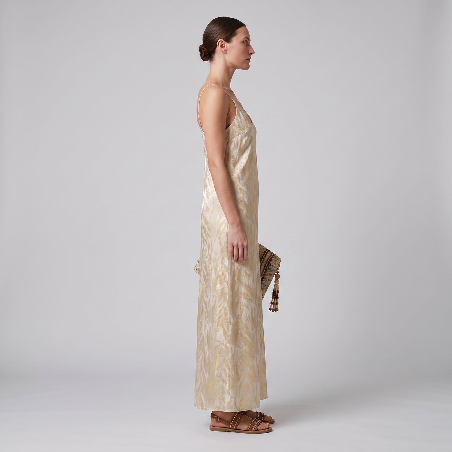 Metallic Leaf Print Slip Dress