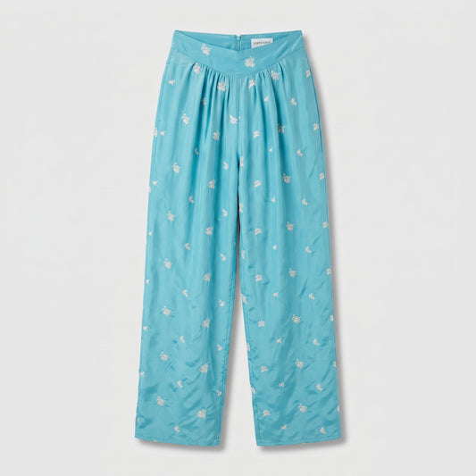 Embroidered Silk Wide-Leg Trousers