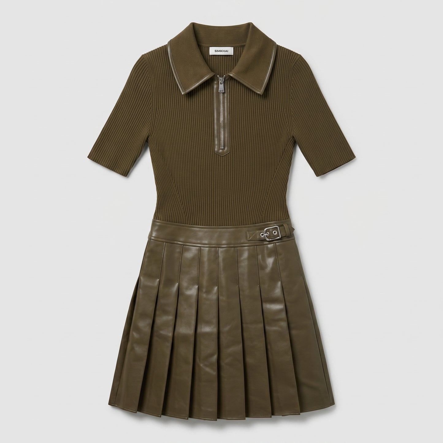 Pleated Ribbed Knit Polo Dress