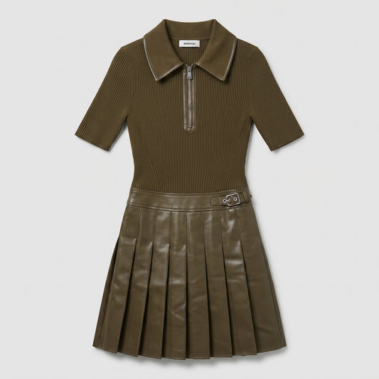 Pleated Ribbed Knit Polo Dress
