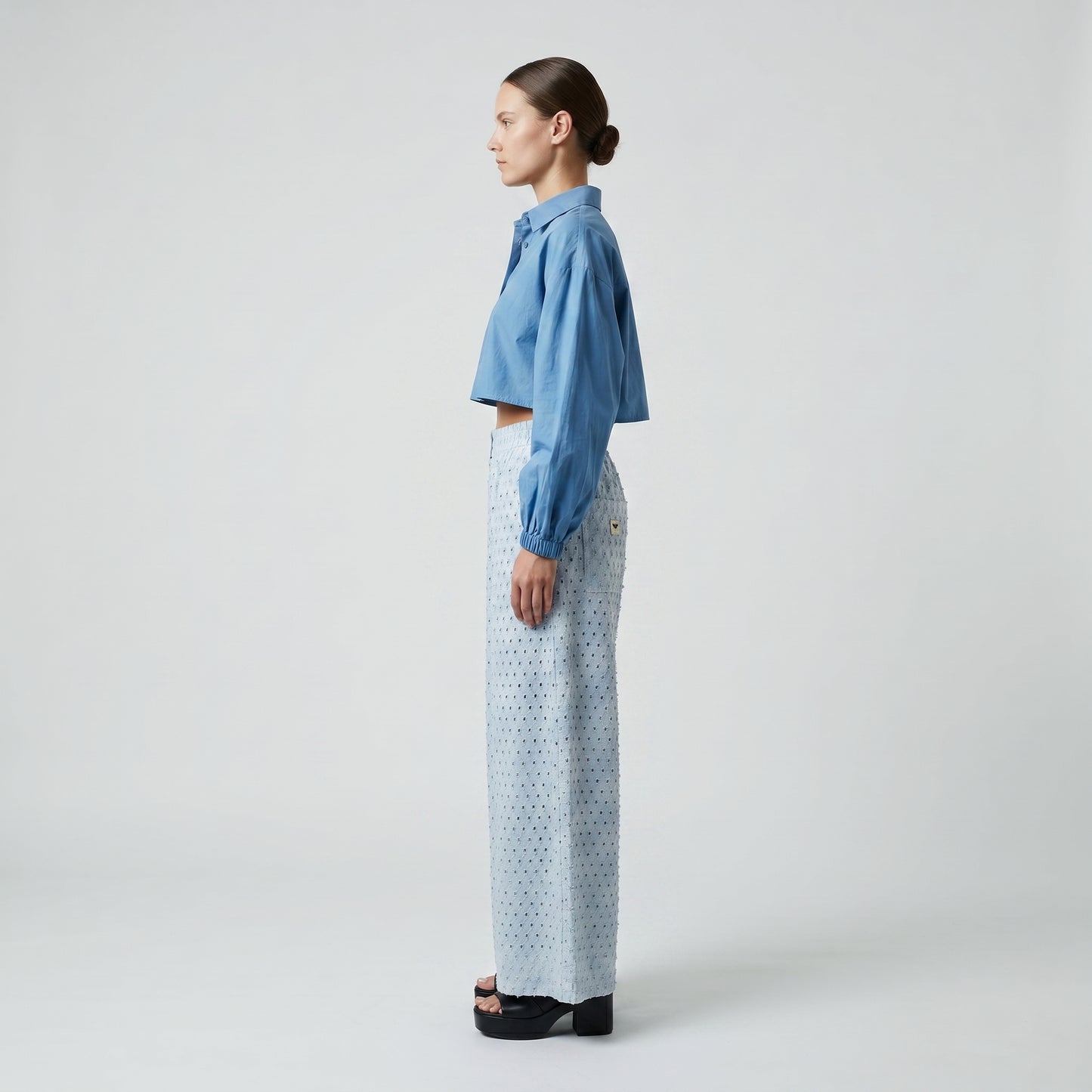 Textured Light Blue Wide-Leg Trousers