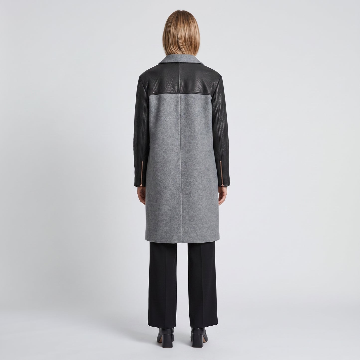 Wool Blend Leather Sleeve Coat