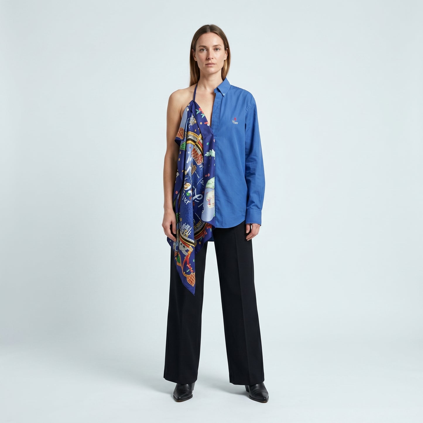 Asymmetric Scarf Detail Blue Shirt