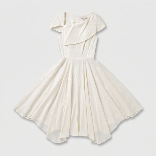 Asymmetric Pleated Cream Dress
