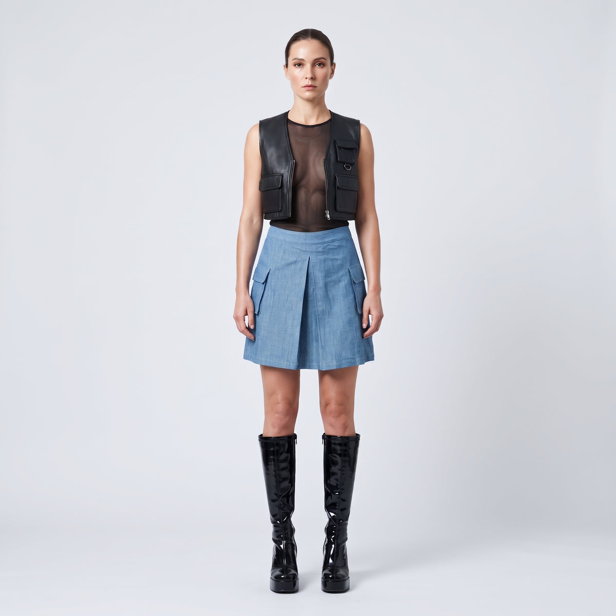 Blue Pleated Utility Mini Skirt