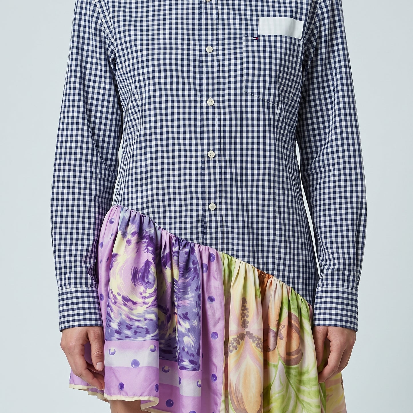Gingham Floral Asymmetric Hem Shirt