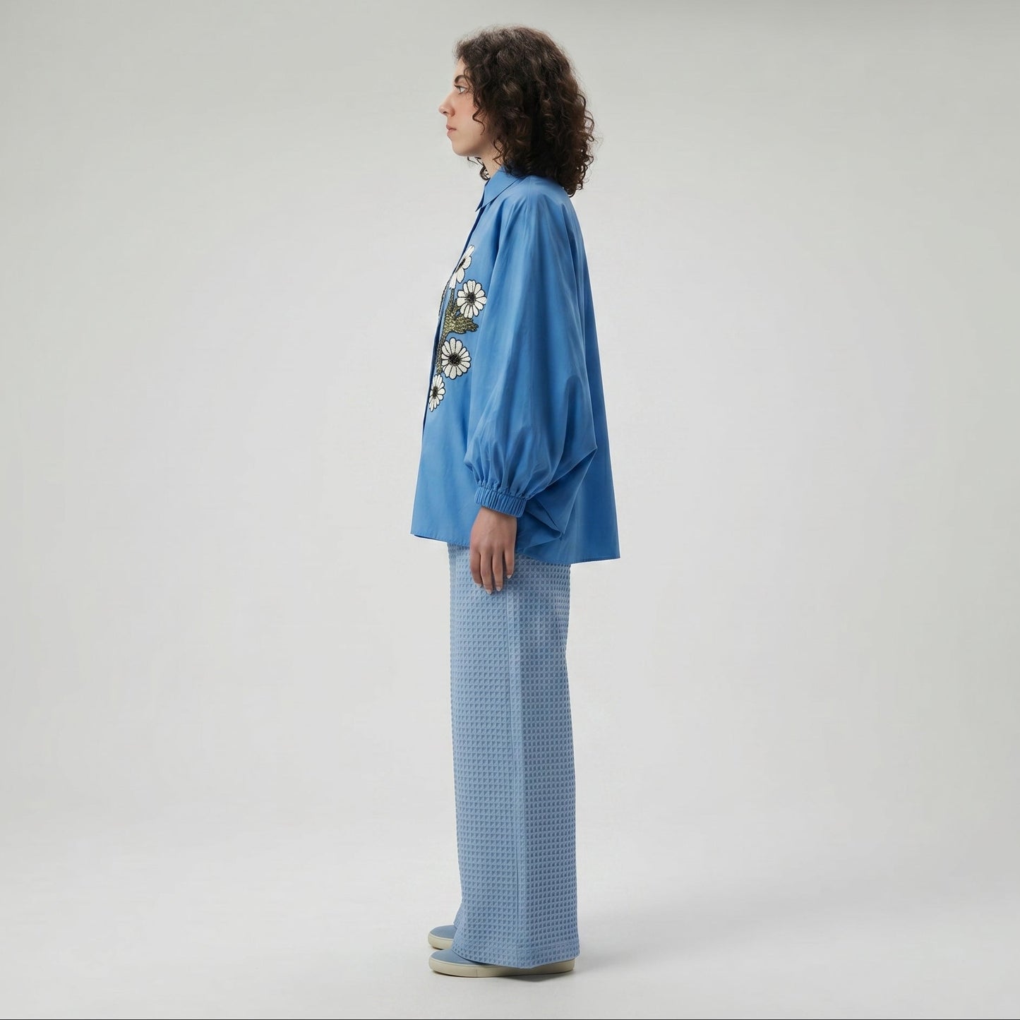 Embroidered Floral Oversized Blue Shirt