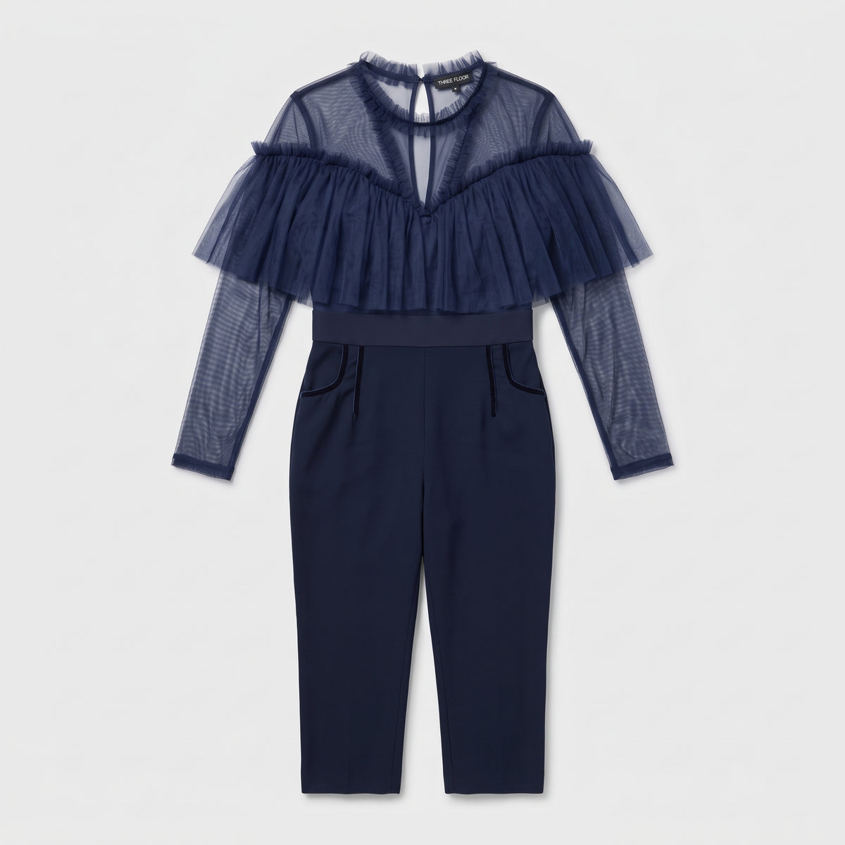 Navy Ruffled Tulle Panel Jumpsuit