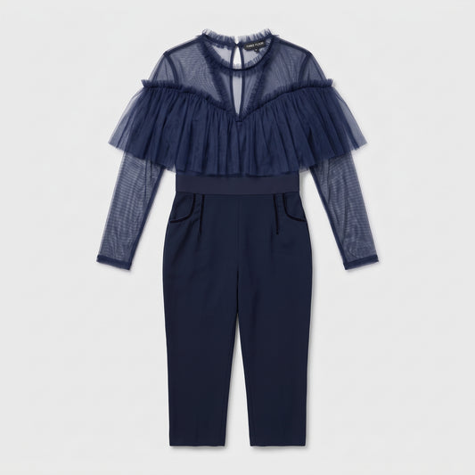 Navy Ruffled Tulle Panel Jumpsuit