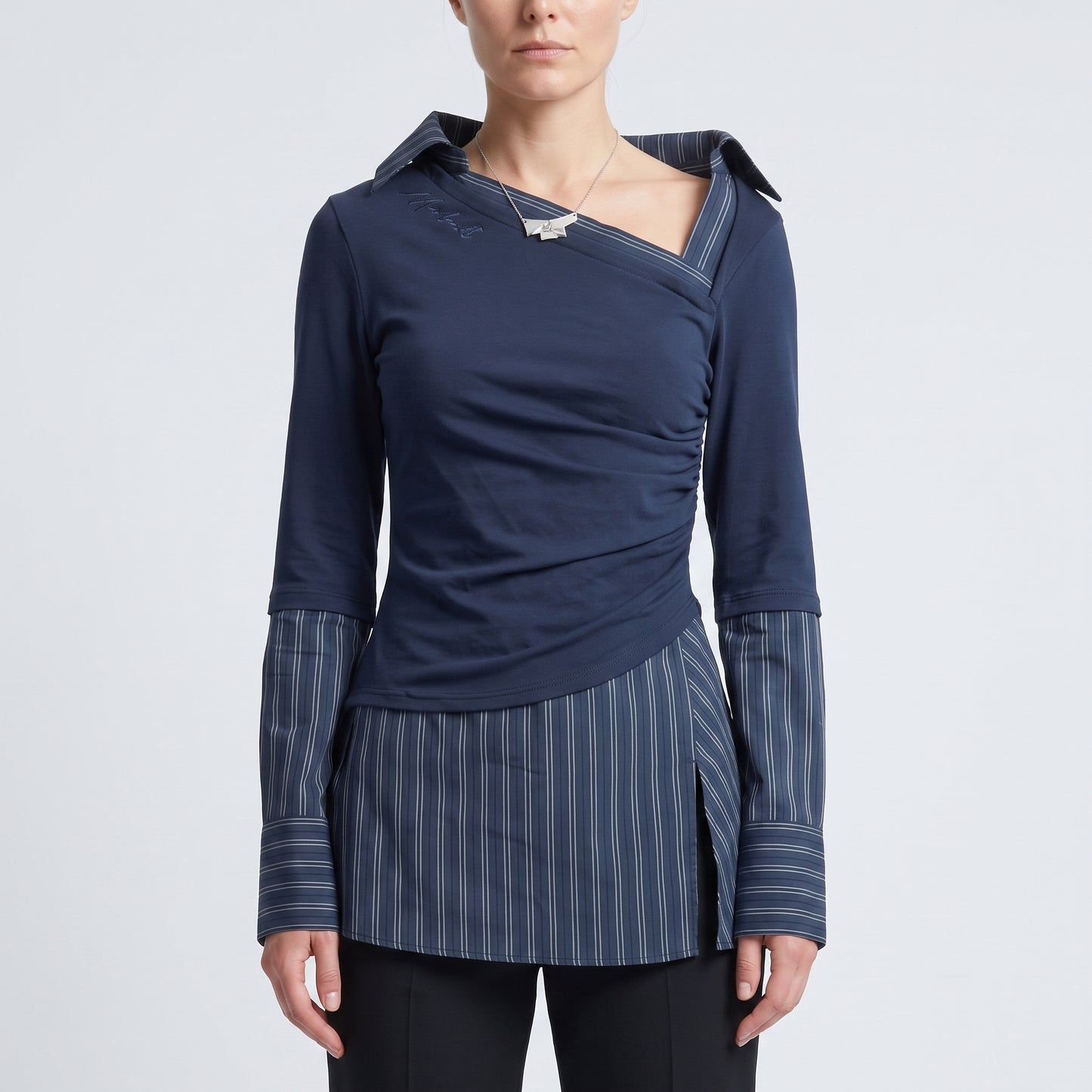 Asymmetric Pinstriped Ruched Blouse