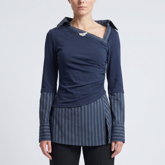 Asymmetric Pinstriped Ruched Blouse