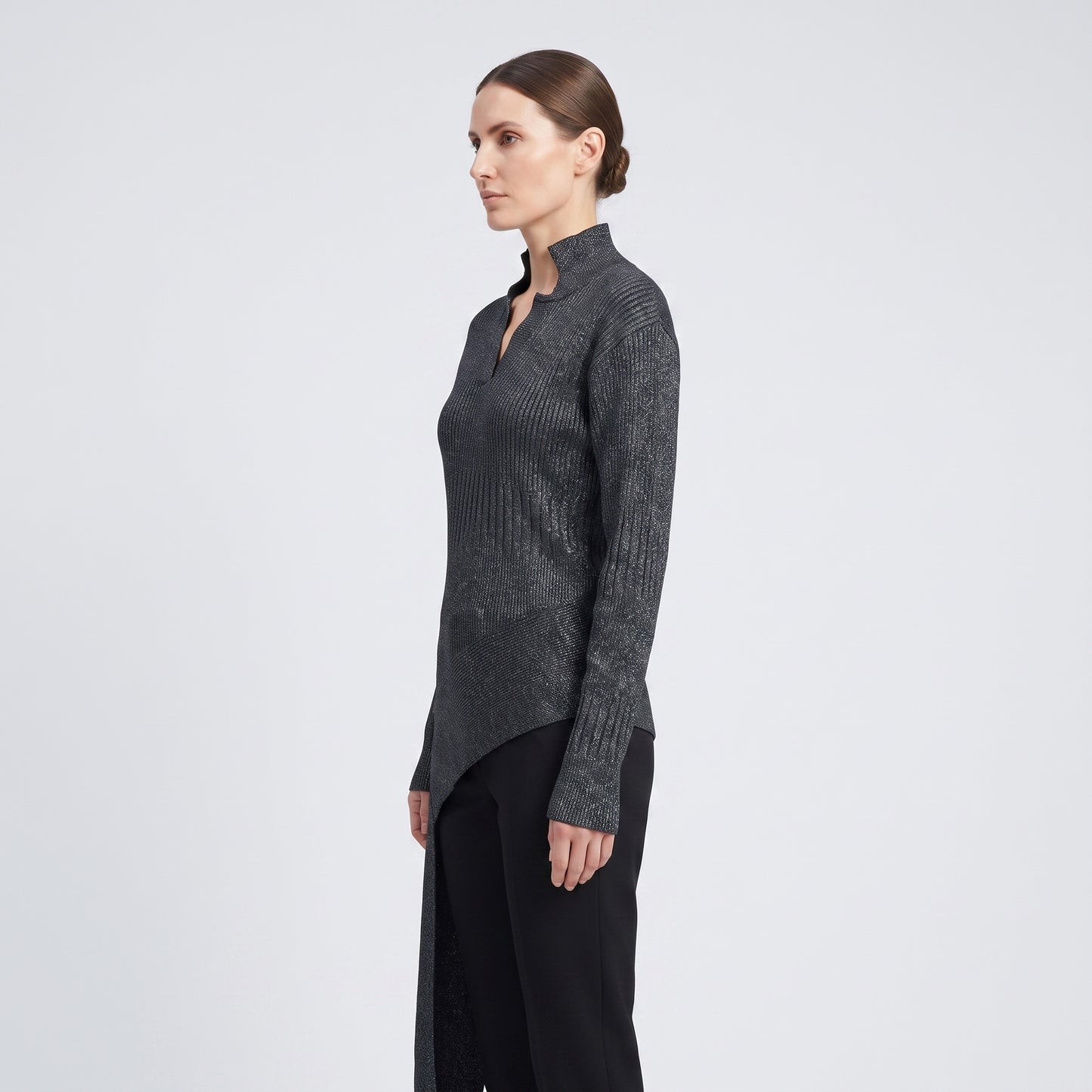 Metallic Ribbed Asymmetric Sweater