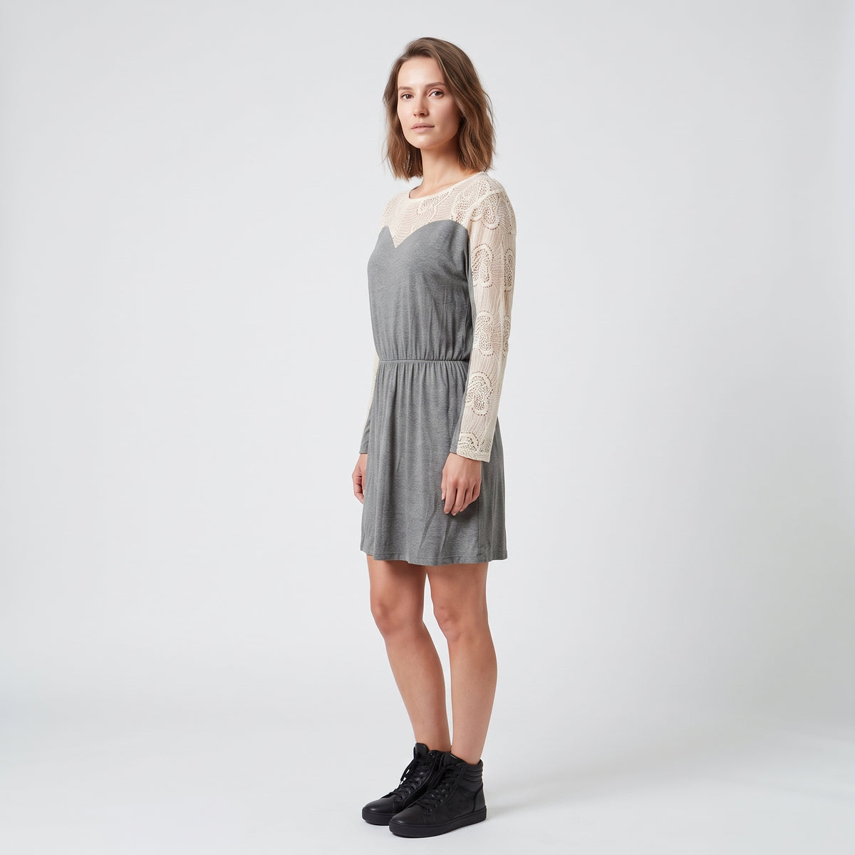 Lace-Paneled Grey Jersey Tunic