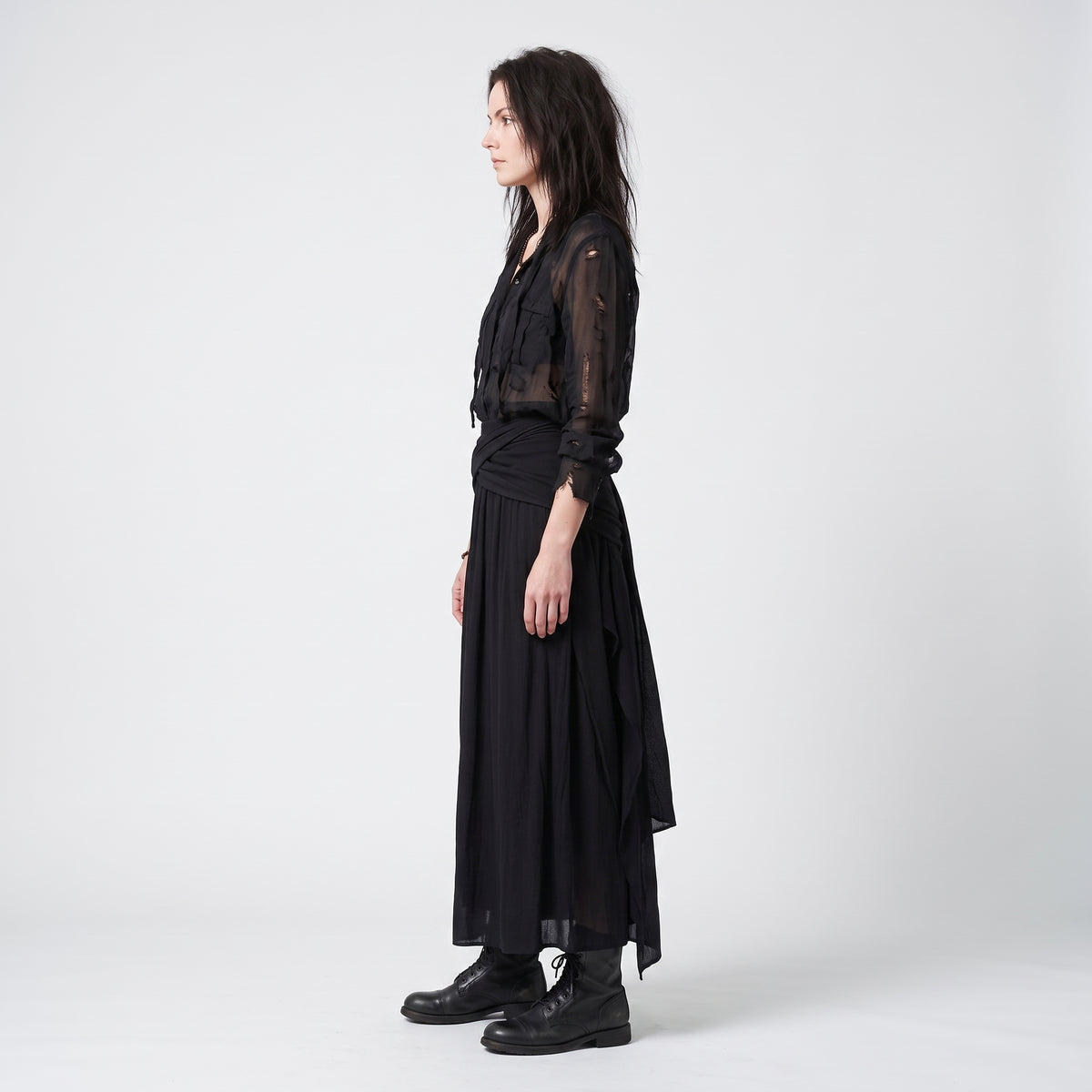 Draped Black Jersey Maxi Skirt