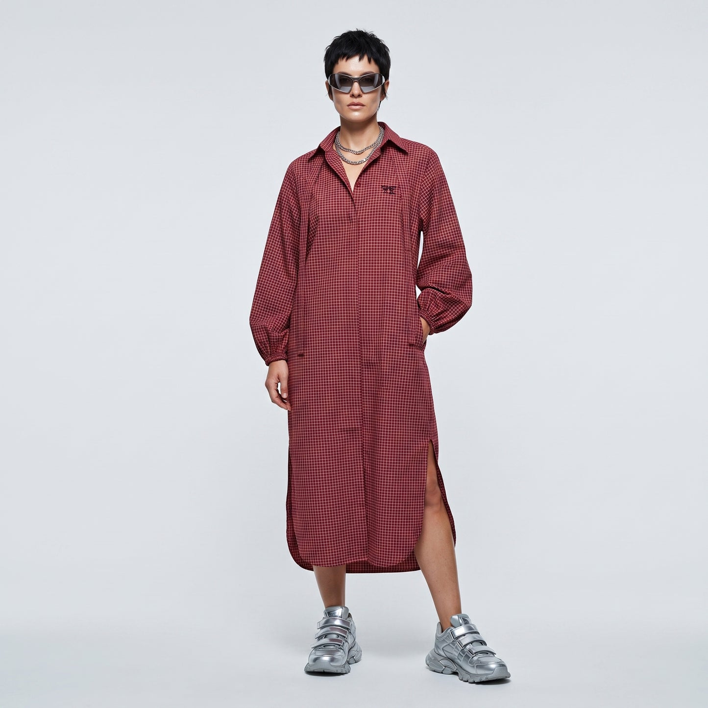 Checkered Longline Tie-Neck Dress