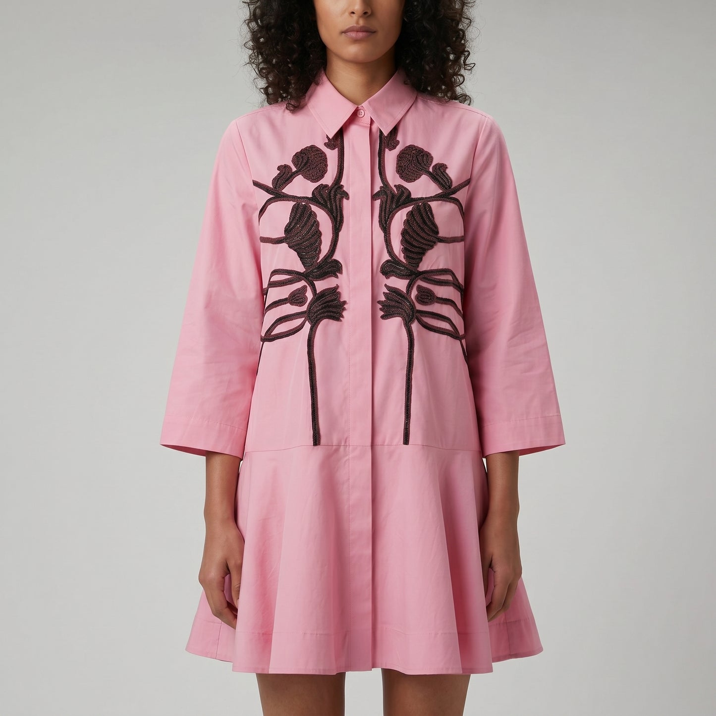 Embroidered Pink Peplum Shirt Dress