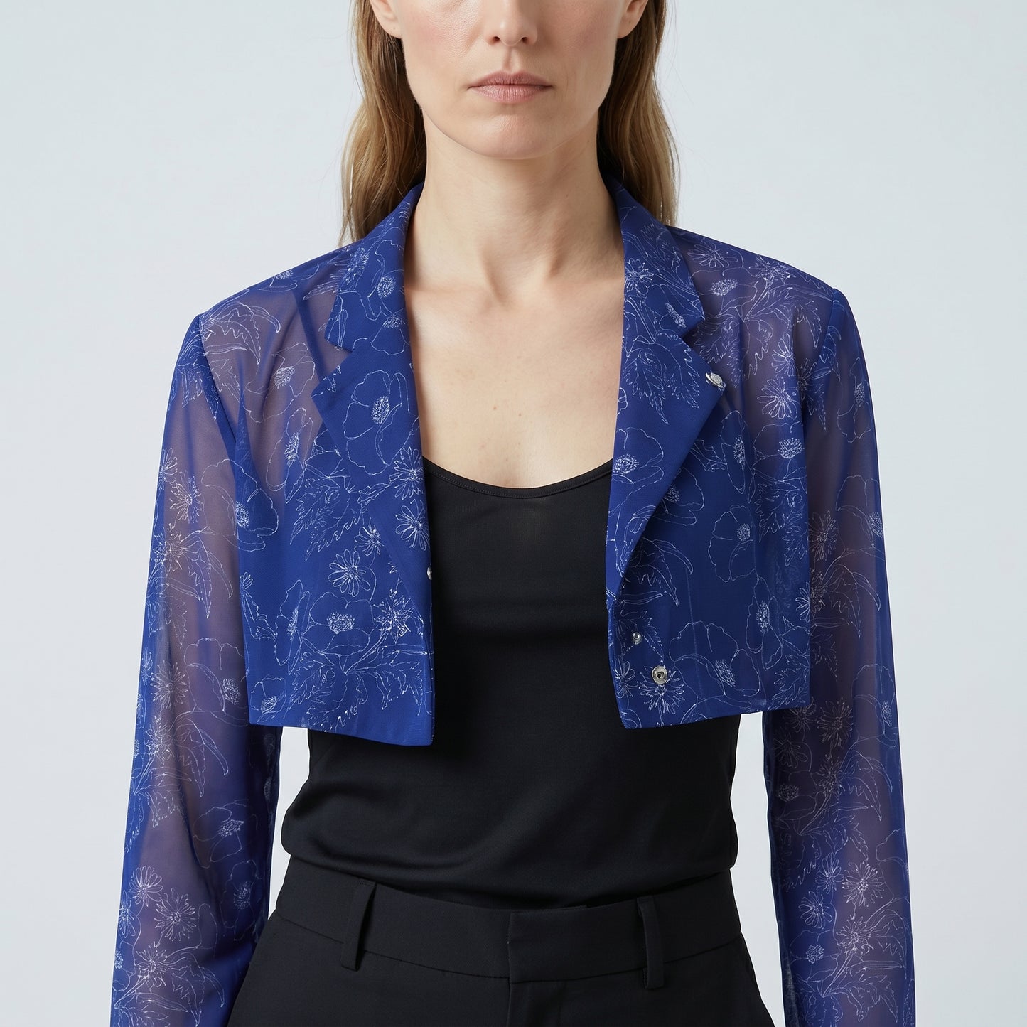 Cropped Blue Floral Mesh Jacket
