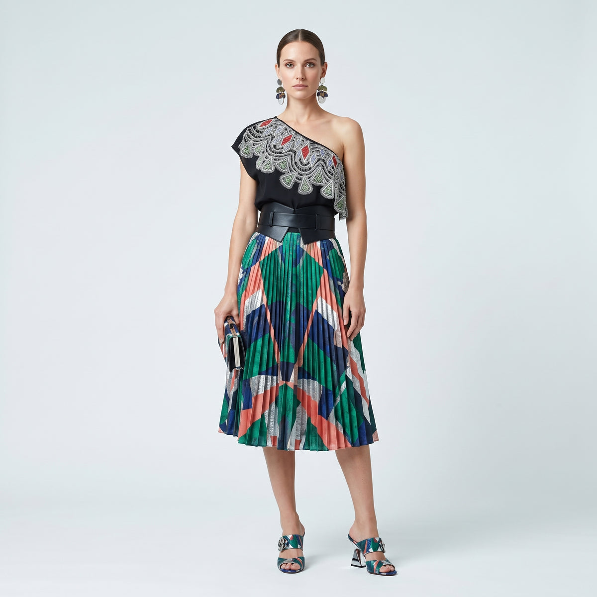 Embellished One-Shoulder Satin Top