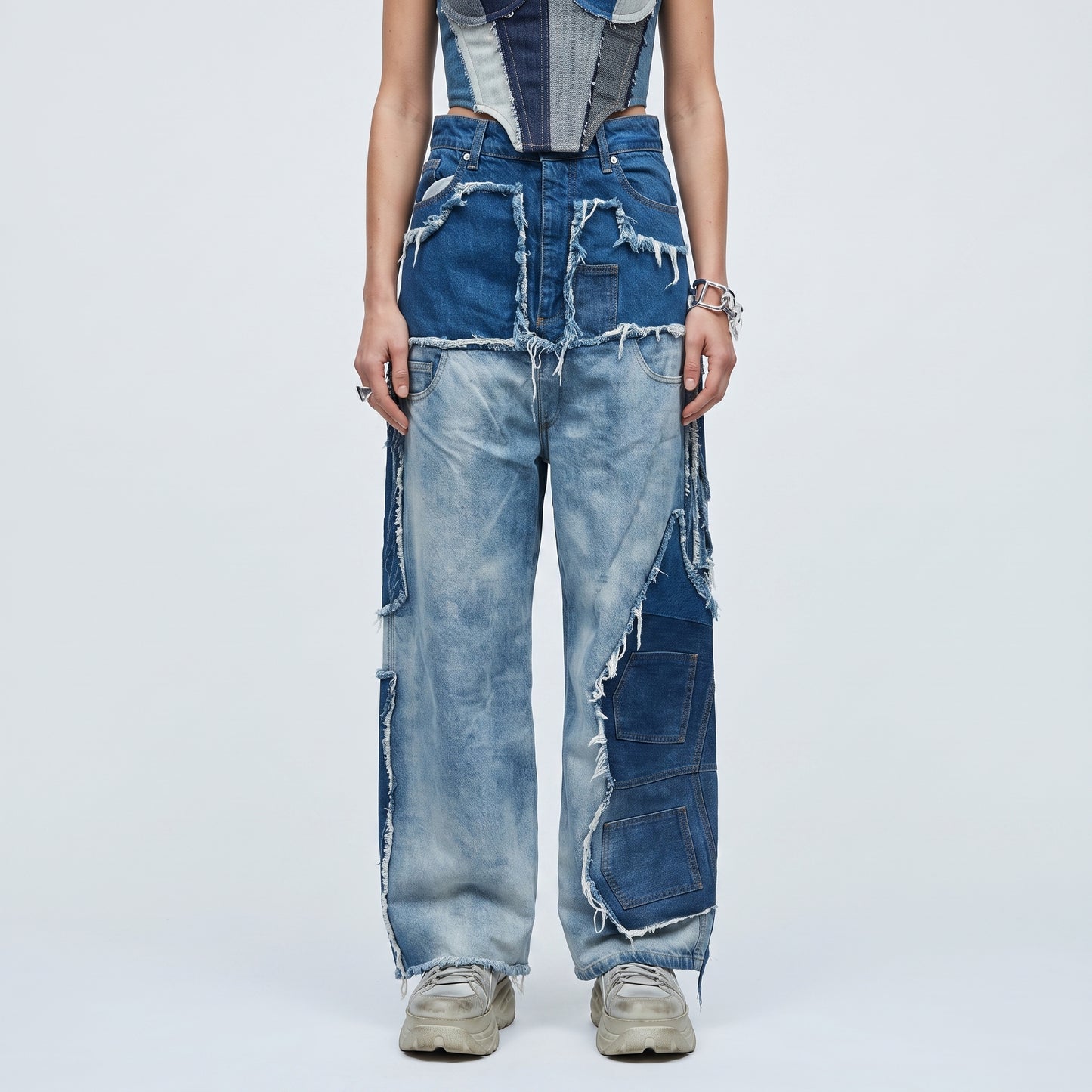 Distressed Patchwork Wide-Leg Jeans