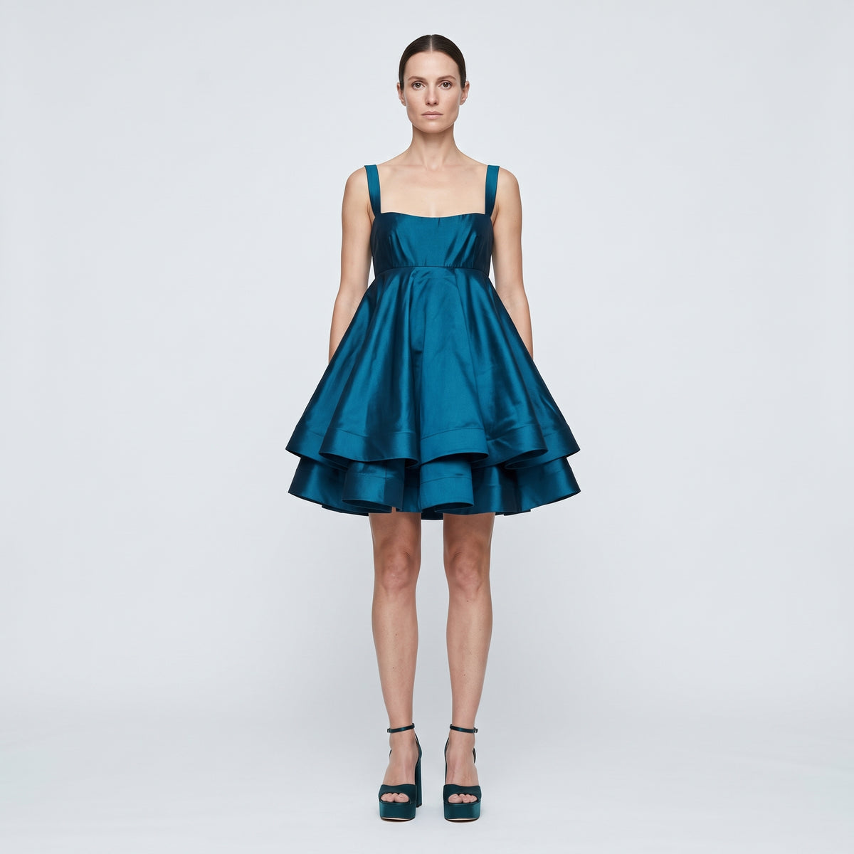 Teal Satin Tiered Mini Dress