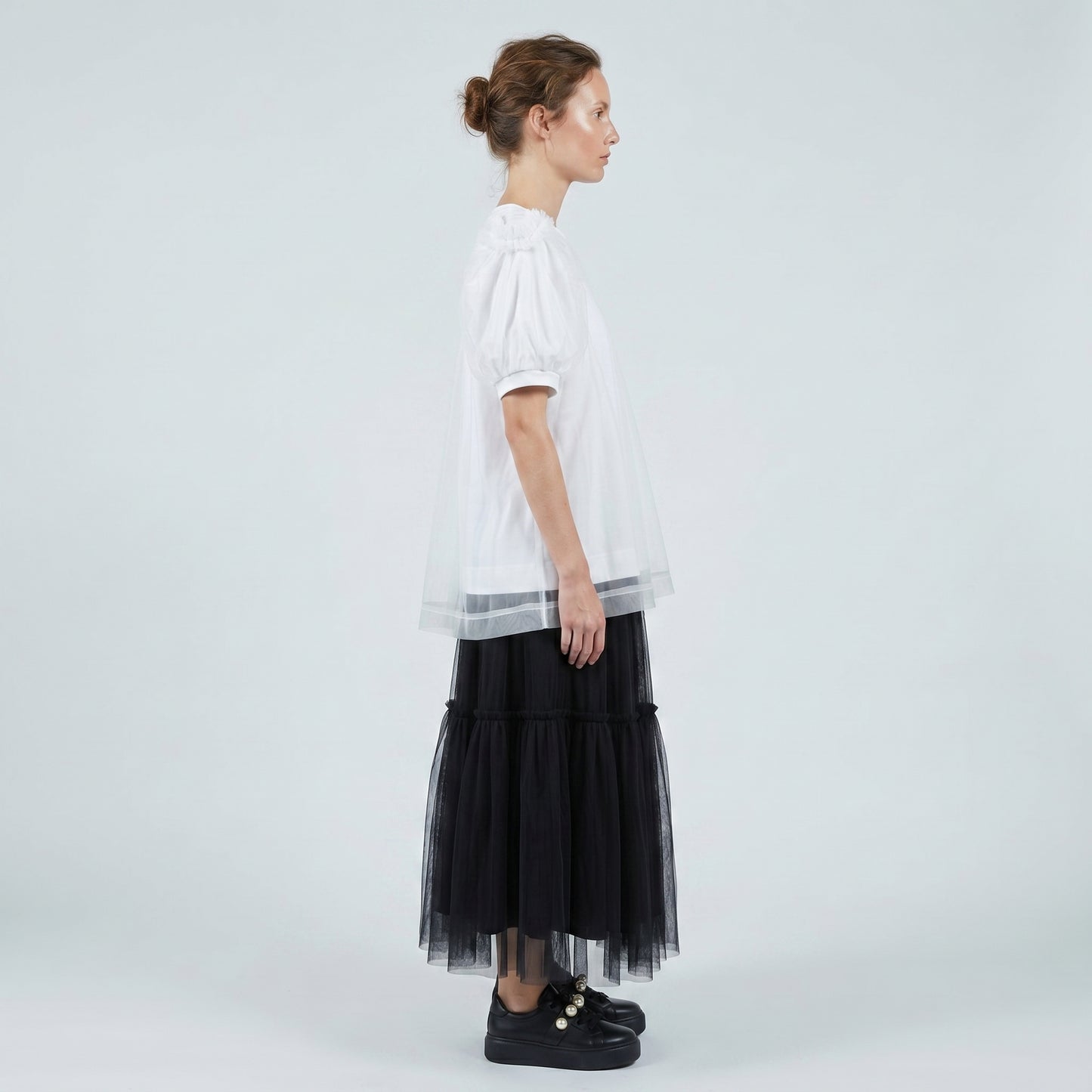 Tulle Overlay Puff Sleeve Top